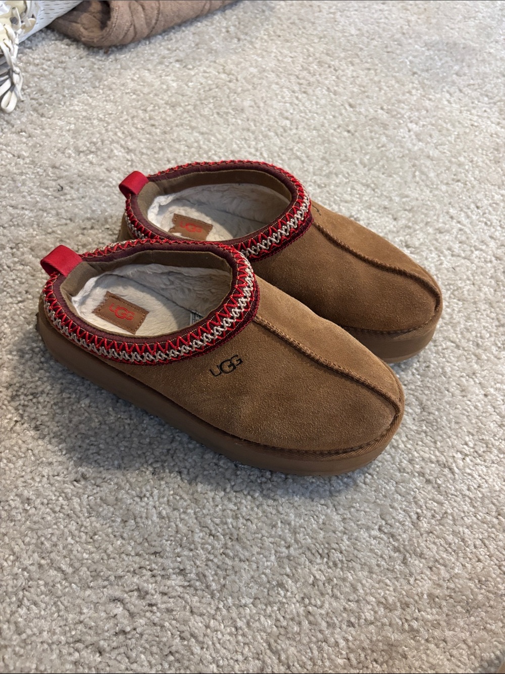 UGG Chestnut Suede Slip-On Clogs with Red Trim